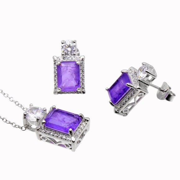 Rhodium Plated 925 Sterling Silver Rectangle Purple Halo CZ Set - Picture 3 of 3